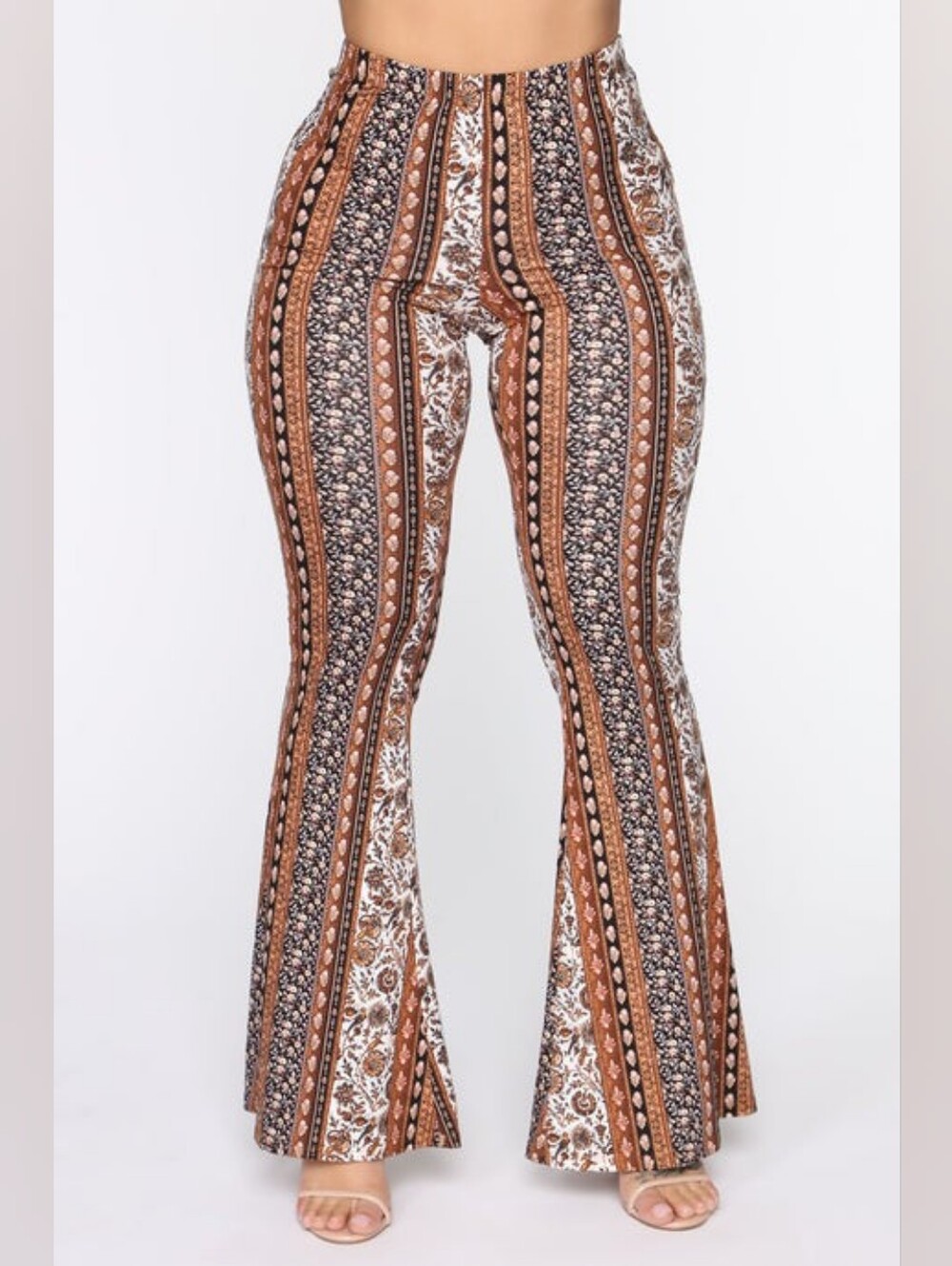 SHEIN Brown & Cream Boho Vertical Stripe Flare Pants